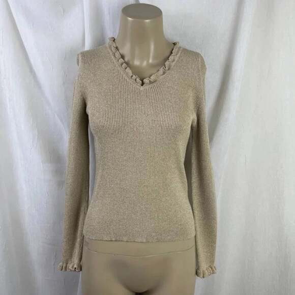 Liz Claiborne Sweaters - 🌟 VTG Y2K Liz Claiborne Lizsport Petite Gold Shimmer Holiday Ruffle Sweater PS